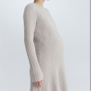 H&M Ribbed Long Sleeve Knit Midi Dress in Light Beige
